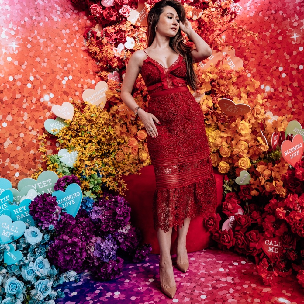 Self-Portrait Raspberry Floral Blush Lace Midi
